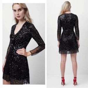 NWT French Connection Emille Sequin Sparkle Long Sleeve Dress Black